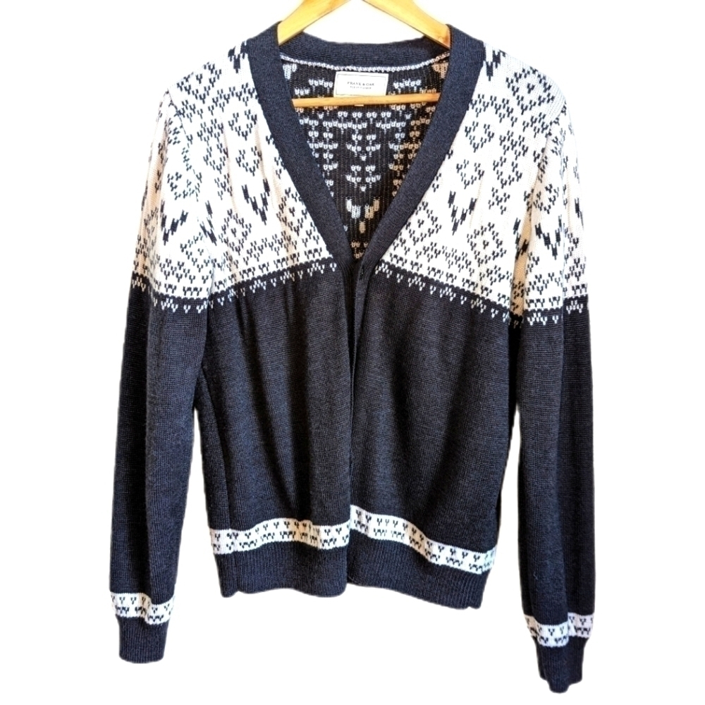 FRANK & OAK Grey & Cream Fair Isles Wool Chunky Knit Cardigan Size Medium